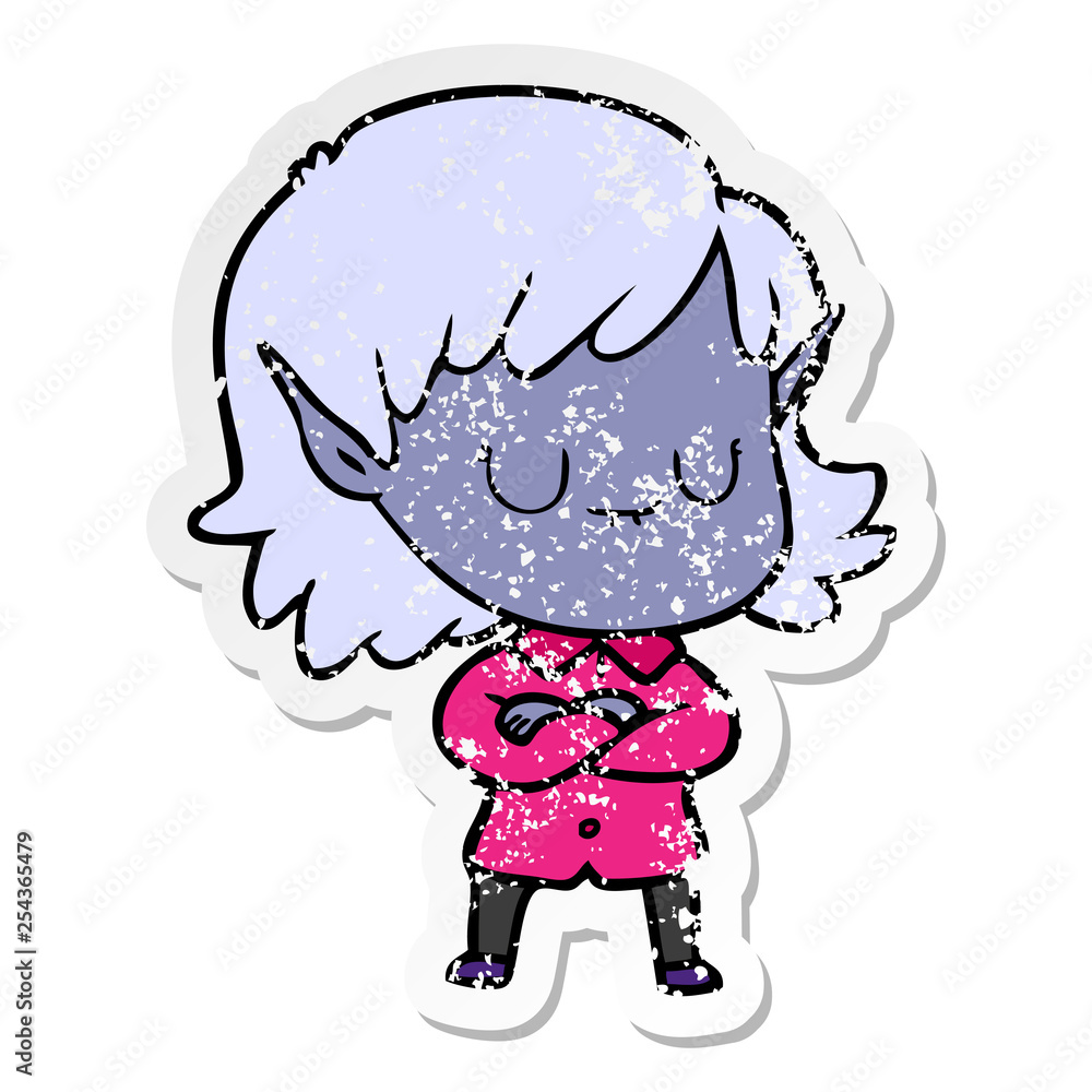 distressed sticker of a happy cartoon elf girl distressed sticker of a happy cartoon elf girl