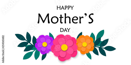 Mothers day Greeting Card with colorful paper cut out flowers and green leaves garland isolated on white background Happy Mothers day Inscription. Vector eps10 Design Element