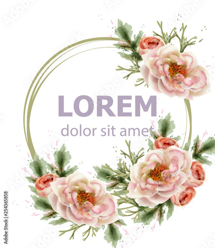 Rose flowers wreath watercolor Vector. Romantic floral invitation or greeting card decoration. Women day, Valentines Day, sales and other events
