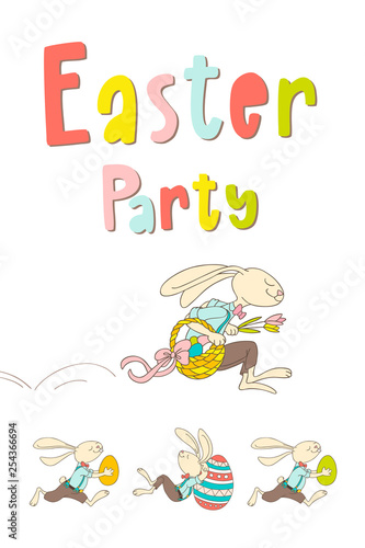 Hand drawn bunny, eggs, and lettering phrase Easter Party