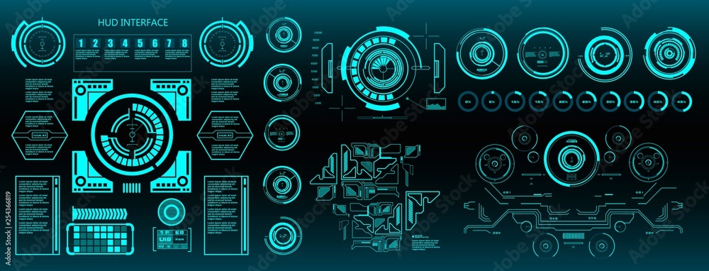 HUD elements mega set pack. Dashboard green display virtual reality technology screen. HUD elements mega set pack. Dashboard green display virtual reality technology screen.
