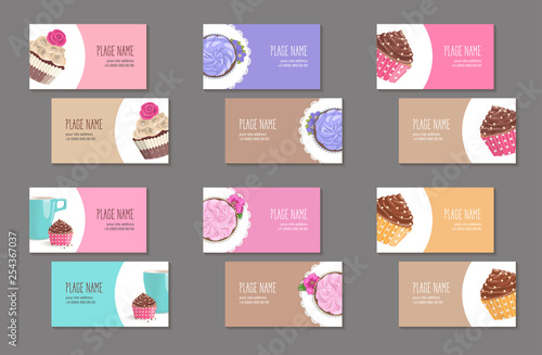 Set corporate style elements with dessert. Template cover business card for restaurant, cafe or pastry shop. Cup, cake and napkin with flower in packing paper on white circle