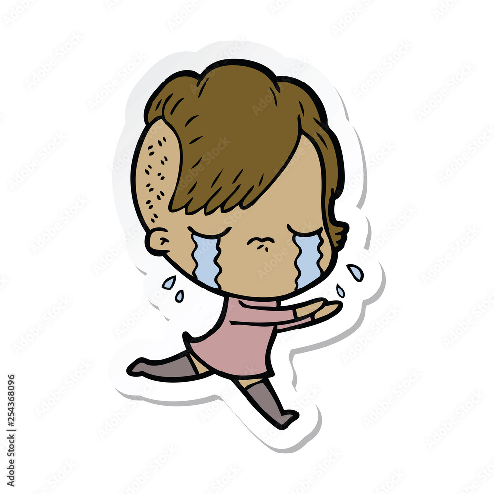 sticker of a cartoon crying girl running away sticker of a cartoon crying girl running away