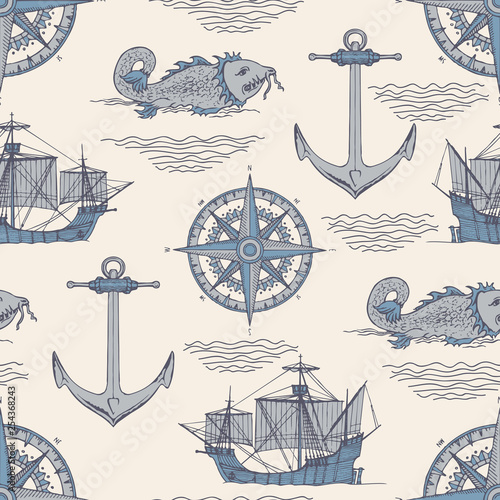 Vector abstract seamless background on the theme of travel, adventure and discovery. Old caravels, vintage sailing yachts, wind roses, anchors and giant catfishes in retro style.