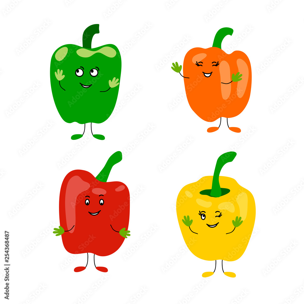 vector cute kawaii character vegetable on white paprika pepper green red orange yellow vector cute kawaii character vegetable on white paprika pepper green red orange yellow