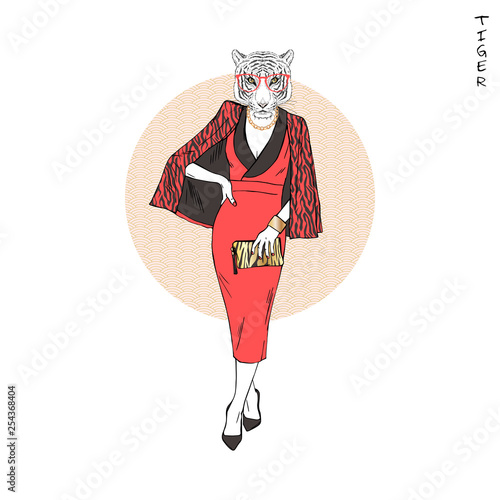 Tiger zodiac sign. Chinese animal feminine horoscope. Anthropomorphic mascot character. Chinese New Year photo