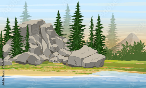 Mountain and spruce forest on the shore of a large lake or river. Wildlife of Europe and America. Realistic Vector Landscape