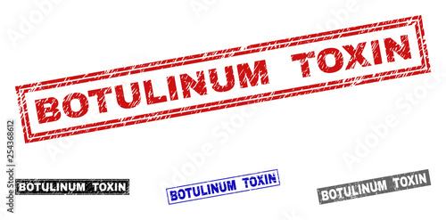 Grunge BOTULINUM TOXIN rectangle stamp seals isolated on a white background. Rectangular seals with grunge texture in red, blue, black and grey colors.