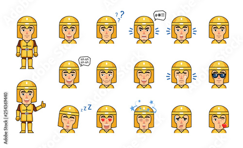 Set of medieval golden knight emoticons. Knight avatars showing various facial expressions. Happy, sad, cry, laugh, surprised, angry, in love and other emotions. Simple vector illustration