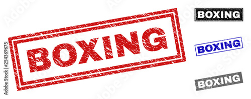 Grunge BOXING rectangle stamp seals isolated on a white background. Rectangular seals with grunge texture in red, blue, black and grey colors.