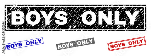 Grunge BOYS ONLY rectangle stamps isolated on a white background. Rectangular seals with grunge texture in red, blue, black and grey colors.
