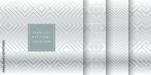 Geometric seamless silver pattern background. Simple vector graphic gray print. Repeating line abstract texture set. Minimalistic shapes. Stylish trellis square metal grid. Geometry web page fill.