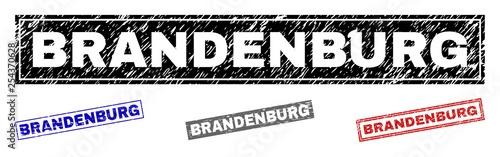 Grunge BRANDENBURG rectangle stamp seals isolated on a white background. Rectangular seals with grunge texture in red, blue, black and grey colors.