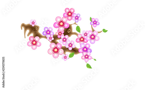 Attribute of hanami, branch sakura, vector illustration. Cherry blossom, with flowers in anime style. Unorthodox East Asian decoration tradition in partially animated stylistic solution.