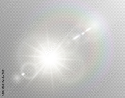 Vector transparent sunlight special lens flare light effect. Isolated sun flash rays spotlight. White front translucent sunlight background. Blur abstract glow glare decor element. Star burst.
