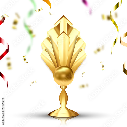 Golden Cup Vector. Gilded Metal Object. Leader Tag. Athlete Power. Number One. First Place. Achievement Sign. Decoration Element. 3D Realistic Illustration