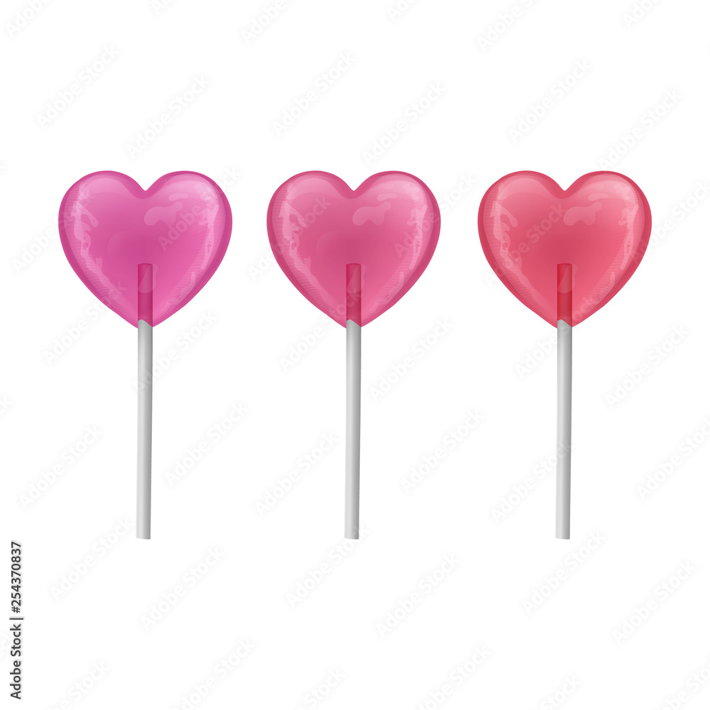 Set colorful sweet lollipops. candies of shape of hearts on stick. Vector illustration.