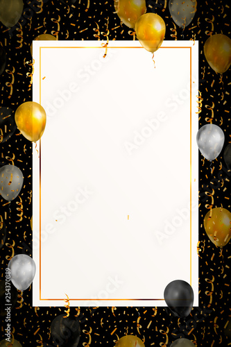 Wall Mural Luxury background with bright golden serpentine, confetti and balloons on black,
