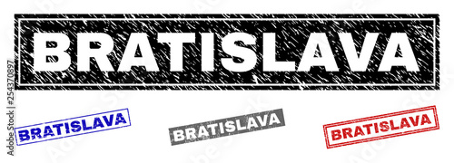 Grunge BRATISLAVA rectangle stamp seals isolated on a white background. Rectangular seals with grunge texture in red, blue, black and grey colors.