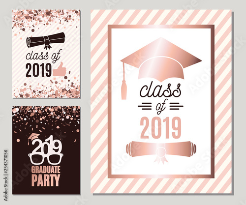 Graduate 2019 greeting cards set in rose gold colors. Three vector grad party invitations. Class of Grad posters. All isolated and layered