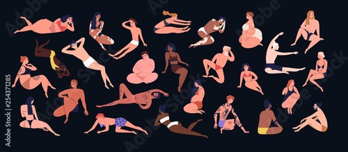 Set of people of different figure type. Various men and women dressed in swimwear isolated on black background. Body positivity, diversity and self-acceptance. Flat cartoon vector illustration.
