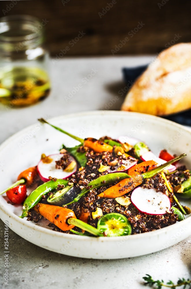 Quinoa with Grilled Baby Carrot ,Snap Pea and Radish salad