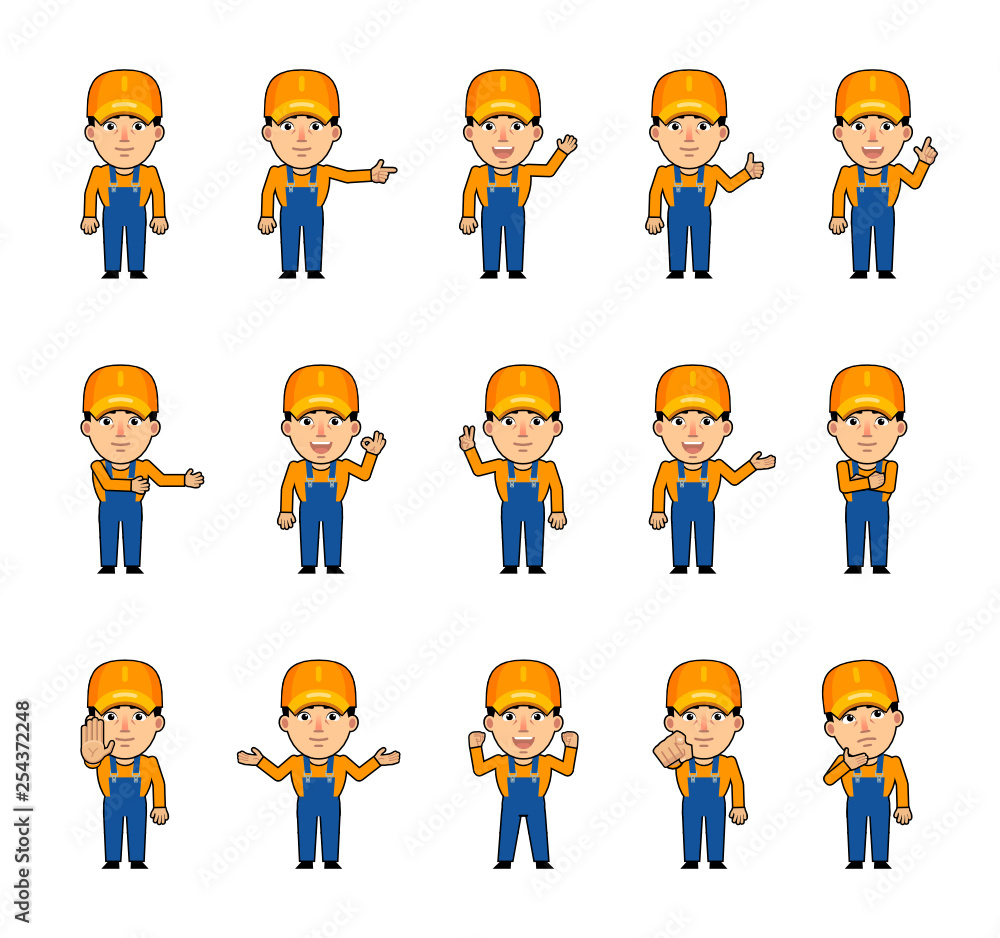 Set of auto mechanic characters showing various hand gestures. Funny workman pointing, greeting, showing thumb up, victory, okay, stop sign and other hand gestures. Simple vector illustration
