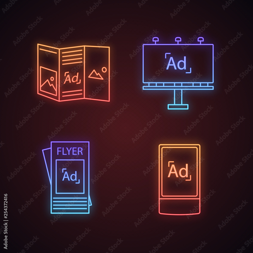 Advertising channels neon light icons set Advertising channels neon light icons set