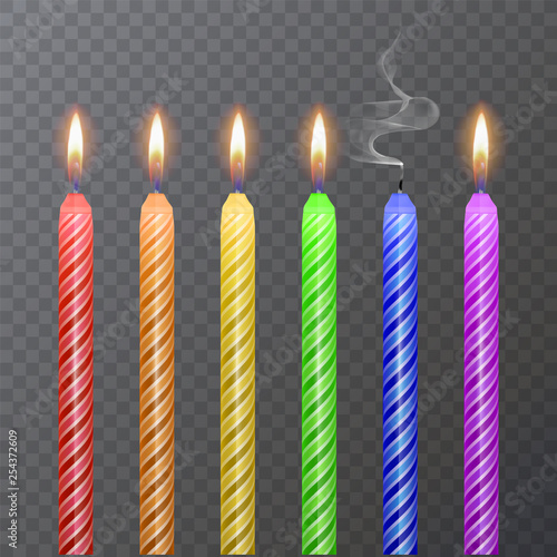 Colorful Birthday cake candles. Candles with burning flames of wax paraffin, Vector EPS 10 illustration