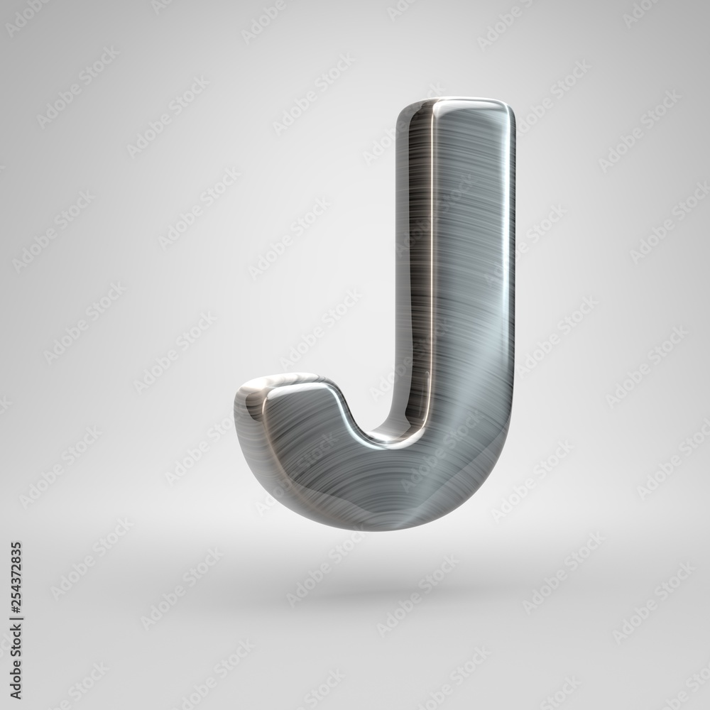 Brushed metal letter J uppercase. 3D render shiny metal font isolated on white background.