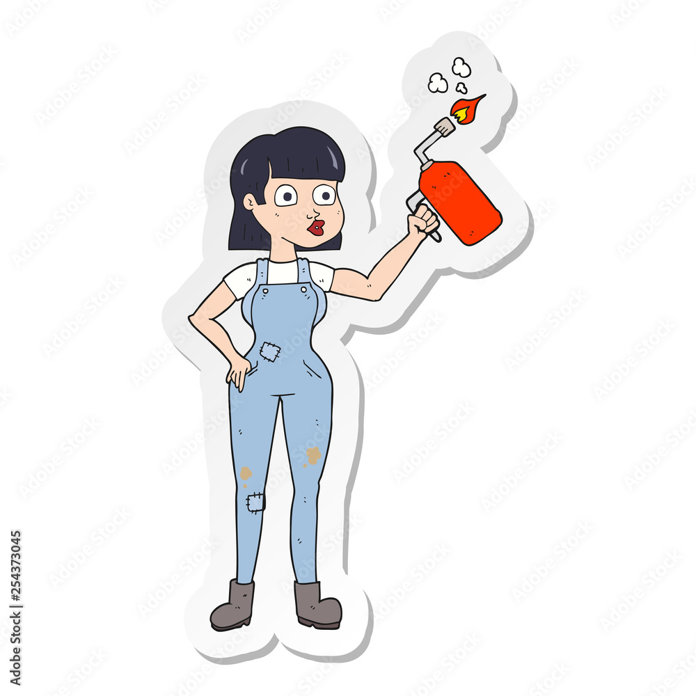 sticker of a cartoon woman in dungarees sticker of a cartoon woman in dungarees