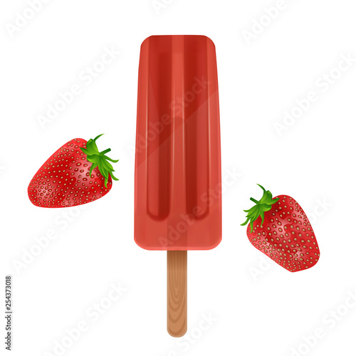 The Ice cream isolated on white background, the red popsicle with strawberry flavored, realistic 3d illustration