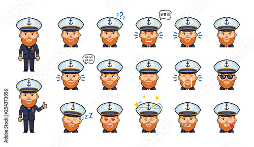 Set of old navy captain emoticons. Funny skipper emojis showing various facial expressions. Happy, sad, laugh, angry, shocked, dazed, tired, in love and other emotions. Simple vector illustration