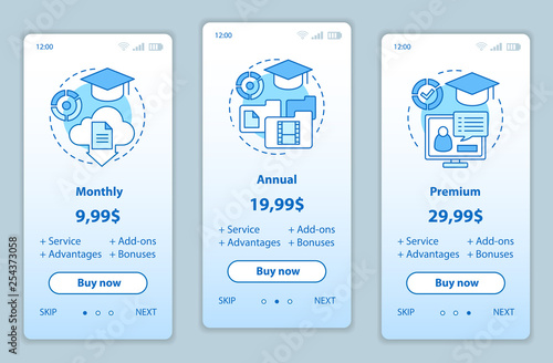 Online courses prices onboarding mobile app screens
