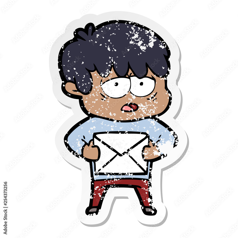 distressed sticker of a cartoon exhausted boy with letter distressed sticker of a cartoon exhausted boy with letter