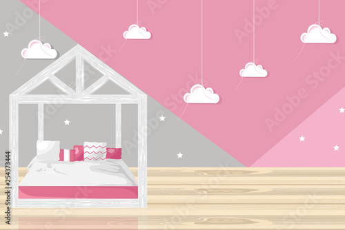 Pink girl bedroom Vector flat style. Modern trendy decorations