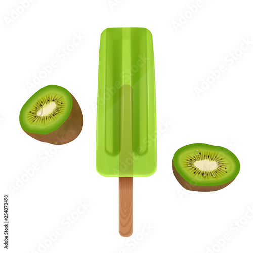 The Ice cream isolated on white background, the Green popsicle with kiwi flavor, realistic 3d illustration, Vector EPS 10