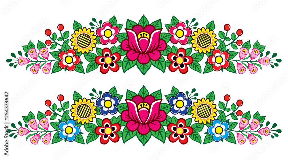 Polish folk art vector floral long decoration, Zalipie decorative pattern with flowers and leaves - greeting card, wedding invitation Polish folk art vector floral long decoration, Zalipie decorative pattern with flowers and leaves - greeting card, wedding invitation