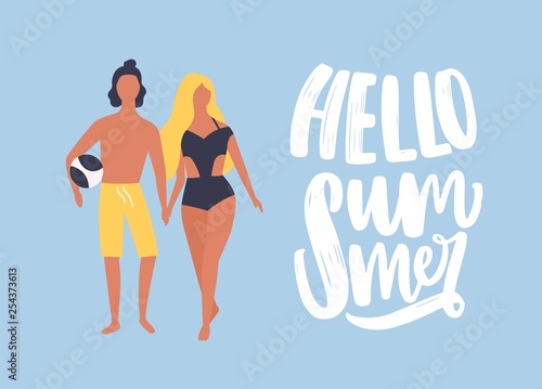 Postcard template with man and woman dressed in beachwear holding hands and w...