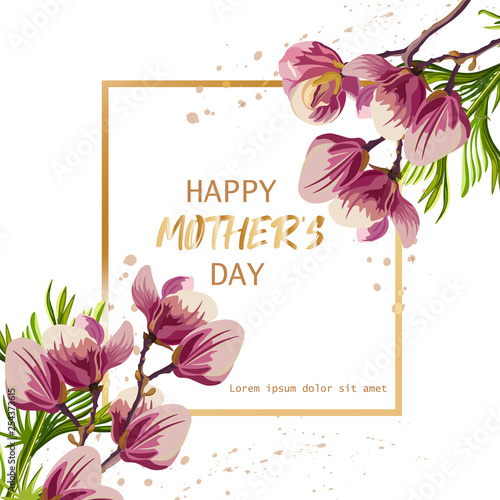 Happy Mother day with magnolia flowers Vector. Beautiful card templates