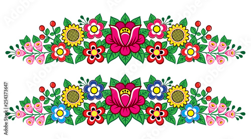 Polish folk art vector floral long decoration, Zalipie decorative pattern with flowers and leaves - greeting card, wedding invitation