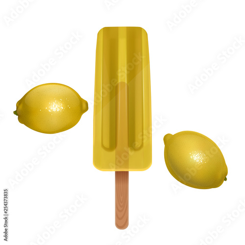 The Ice cream isolated on white background, the Yellow popsicle with lemon taste, realistic 3d illustration, Vector EPS 10