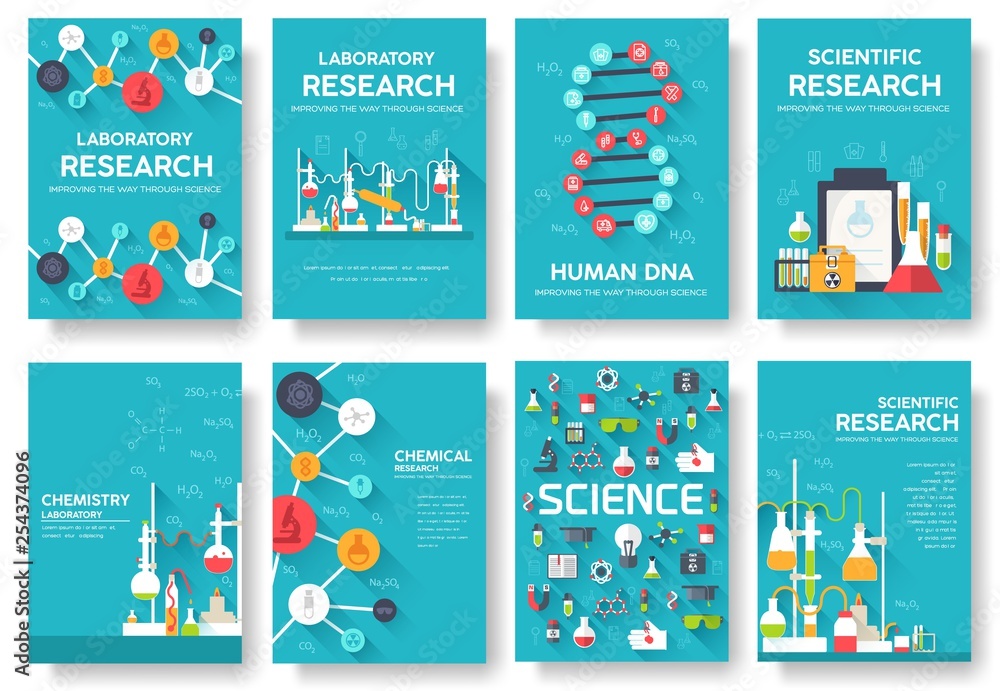 Science information cards set. laboratory template of flyear, magazines, posters, book cover, banners. Chemistry infographic concept background. Layout illustrations template pages with typography