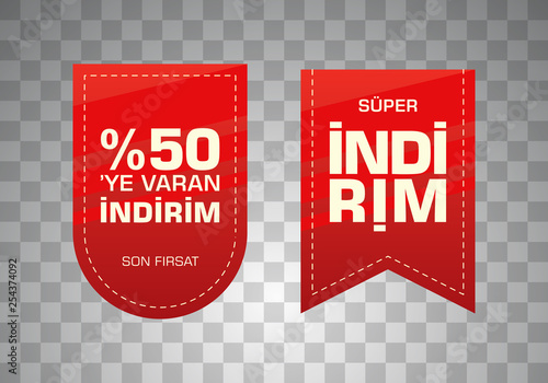 Indirim etiketleri yazilari. Translation from turkish: Sale offer badges. Red promo seals/stickers. Isolated vector illustration