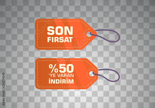 Indirim etiketleri yazilari. Translation from turkish: Sale offer badges. Red promo seals/stickers. Isolated vector illustration