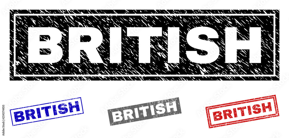 Grunge BRITISH rectangle stamp seals isolated on a white background. Rectangular seals with grunge texture in red, blue, black and gray colors. Grunge BRITISH rectangle stamp seals isolated on a white background. Rectangular seals with grunge texture in red, blue, black and gray colors.