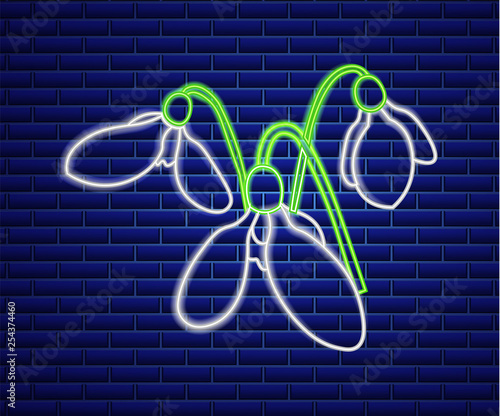 Snowdrop neon sign Vector. Spring design element. Night bright neon sign. col...