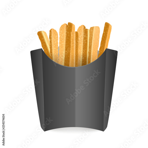 French fries in a Black bag. Fast food. Isolated on white background, Realistic Vector illustration