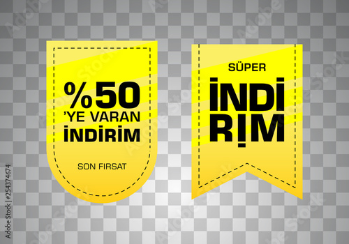Indirim etiketleri yazilari. Translation from turkish: Sale offer badges. Red promo seals/stickers. Isolated vector illustration