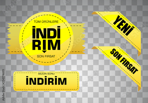 Indirim etiketleri yazilari. Translation from turkish: Sale offer badges. Red promo seals/stickers. Isolated vector illustration photo